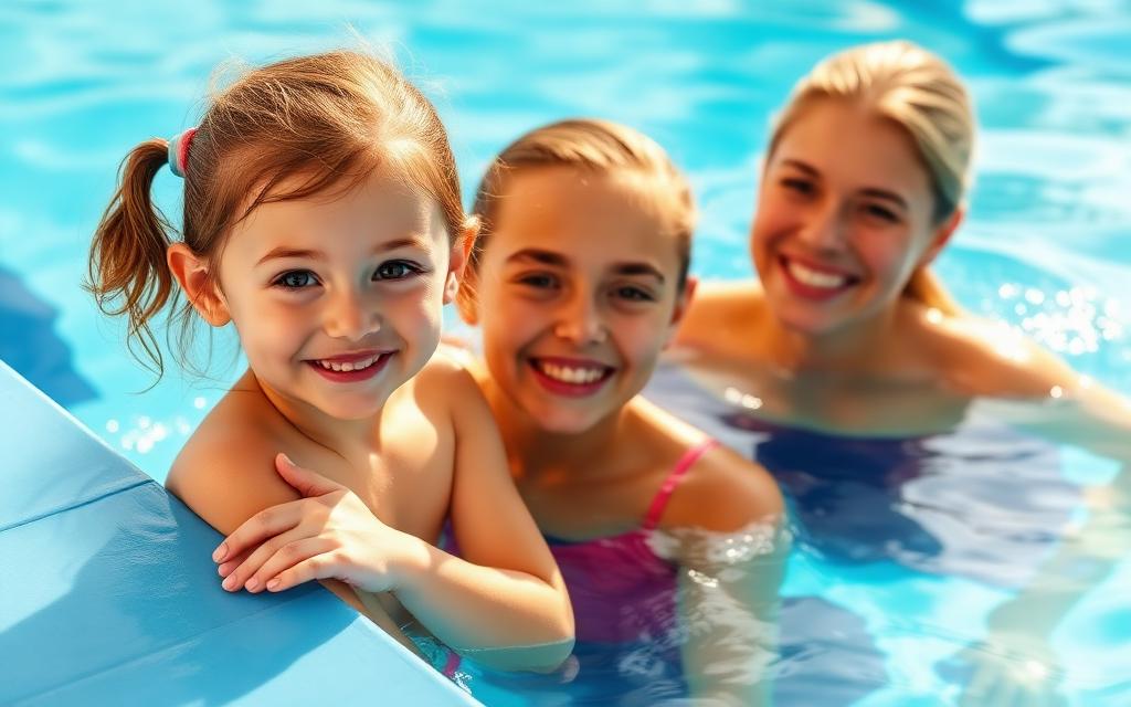A smiling child holding the pool wall with a friendly instructor encouraging her