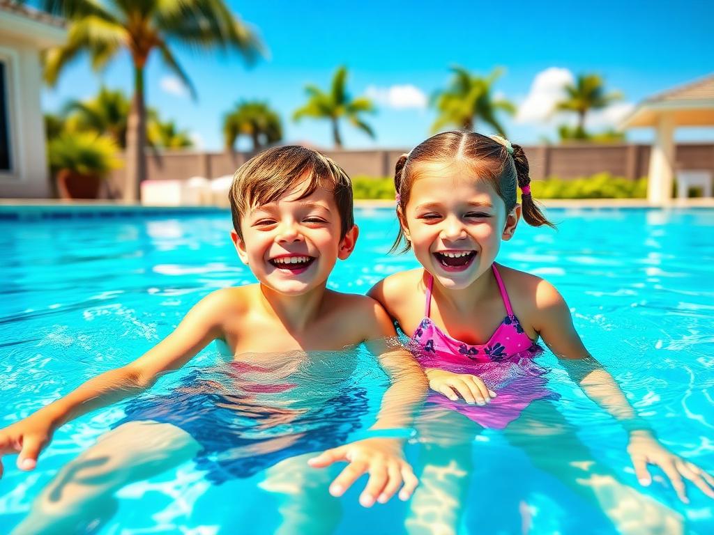 Two kids swimming side by side and laughing in a sunny Florida pool
