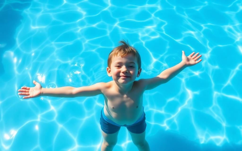 A calm child floating confidently on their back in a sparkling pool
