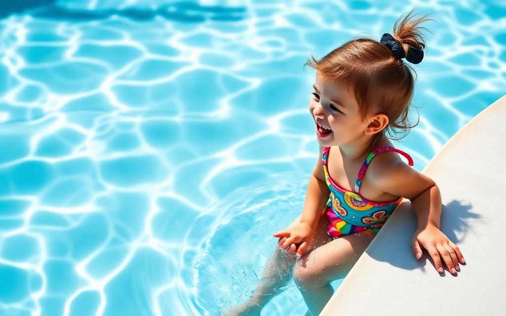 A giggling toddler splashing happily on the steps of a sunny pool