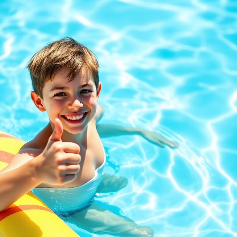 A confident boy on a pool noodle giving a big thumbs up in the pool