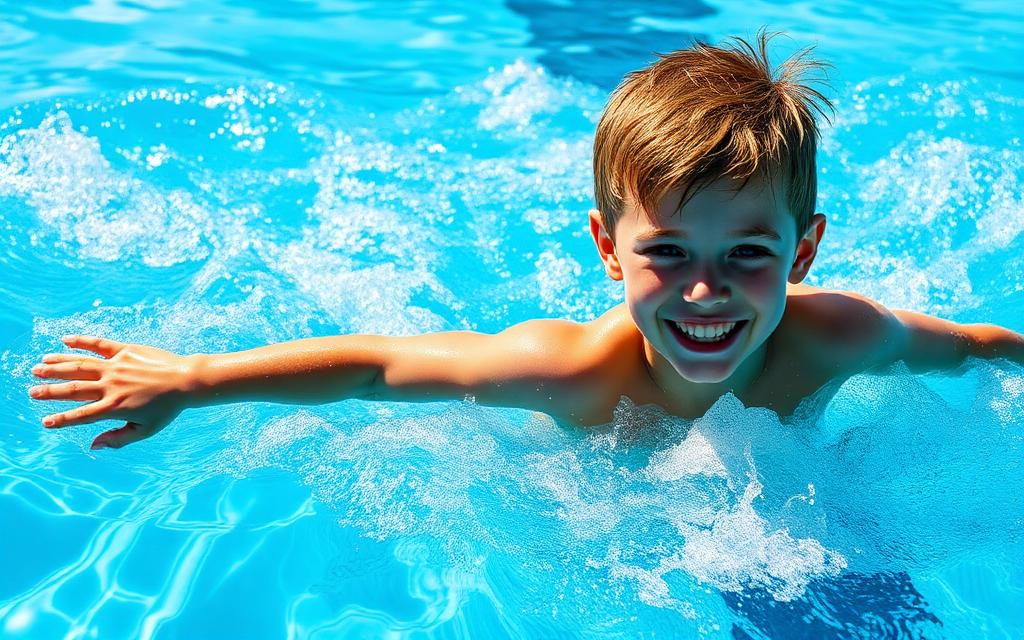 An older kid swimming freestyle with great form in a sunny pool