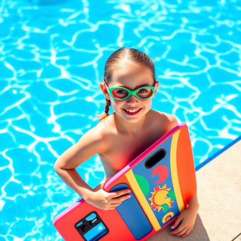 A proud young swimmer holding her kickboard and goggles after a lesson
