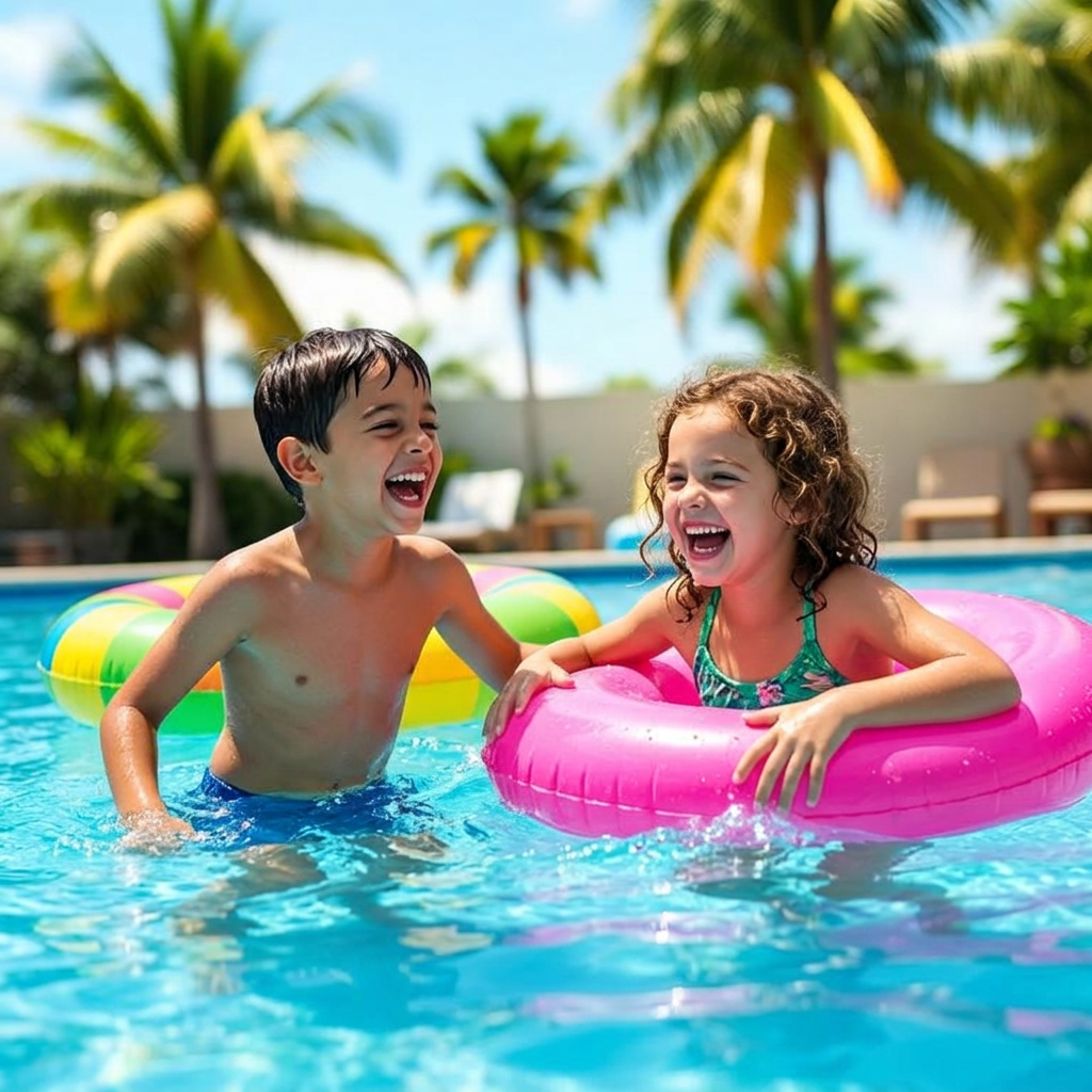 Kids swimming and having fun in a sunny pool